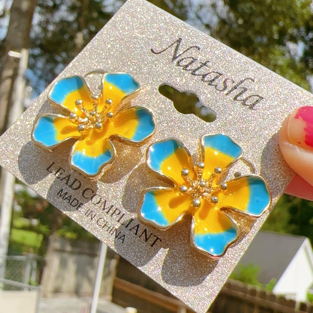 Natasha Gold Tone Blue Yellow Flower Studs Earrings 15$
